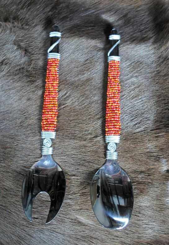 African beaded salad server set