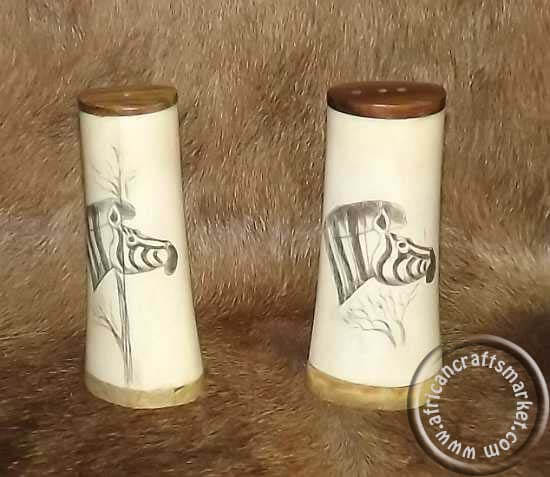 African crafted scrimshaw salt and peper holders