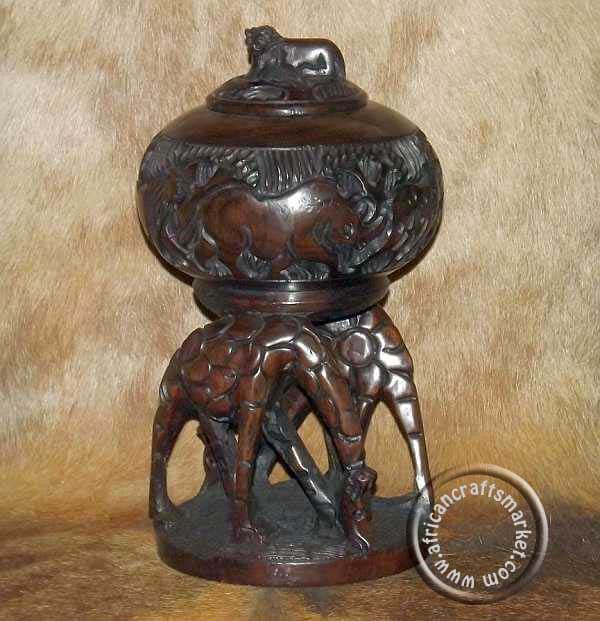 African hand carved wooden giraffe storage box