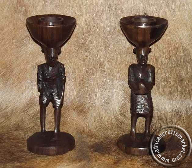 African wooden Zulu couple candle holders