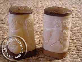 African carved bone salt and pepper shakers Box