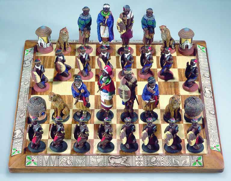 African stone crushed Zulu vs Xhosa tribal chess set