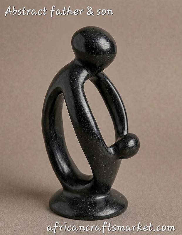 Abstract African stone sculpture of a father and son, hand-carved in a smooth minimalist silhouette representing guidance and unity