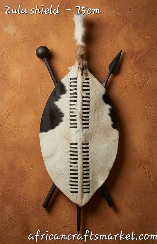 Large 75cm authentic Zulu shield handcrafted from natural Nguni cowhide, made in South Africa.