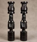 Hand-Carved African Ebony Maasai Candlesticks Pair of polished black African ebony wood candlesticks hand-carved with detailed Maasai busts