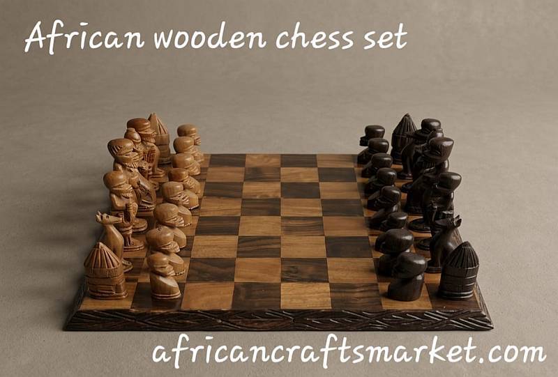 African hand-carved wooden tribal chess set with handcrafted pieces