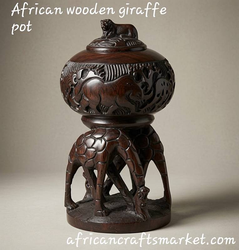 Hand-carved African giraffe wooden storage box crafted from durable Zimbabwean ironwood
