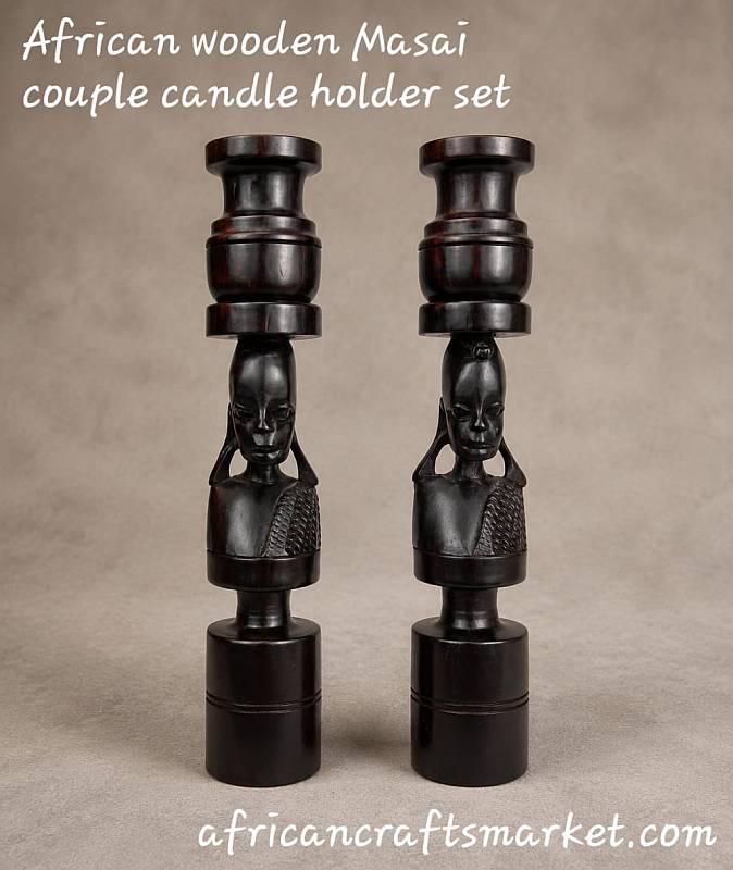 Hand-carved African Masai face ebony candle holder crafted from genuine ebony wood