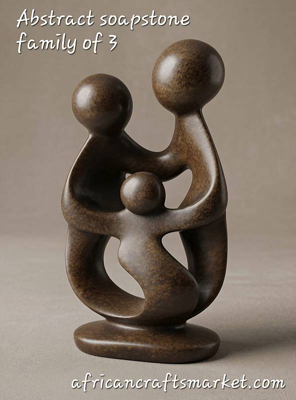 Hand-carved African natural soapstone abstract sculpture of a family of 3 with warm, interlocking parents and child figures