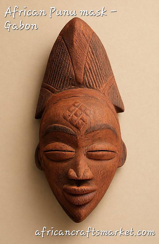 Authentic Hand Carved Punu Spirit Mask from Gabon Traditional African Punu spirit mask from Gabon with brown kaolin face, half-closed eyes, and high braided coiffure.