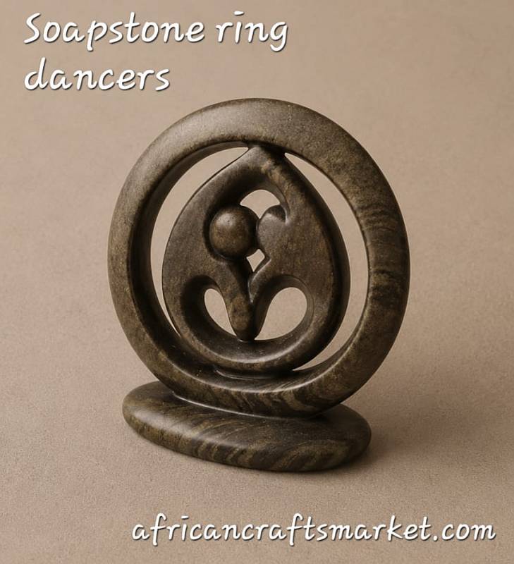 Hand-carved African soapstone ring dancers sculpture featuring stylized figures holding hands in a continuous circle of unity