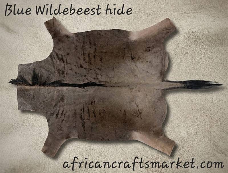Large premium tanned African Blue Wildebeest skin hide flat lay showcasing the dark brown and charcoal brindle stripes and distinct spine mane