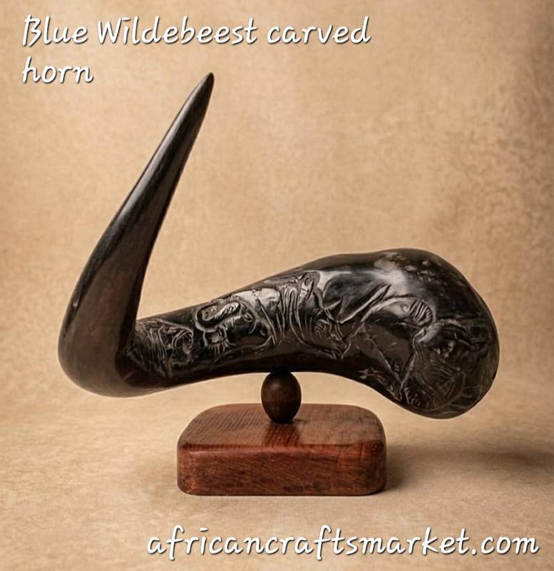 Authentic African carved wildebeest horn collectible Decorative Blue Wildebeest horn carving