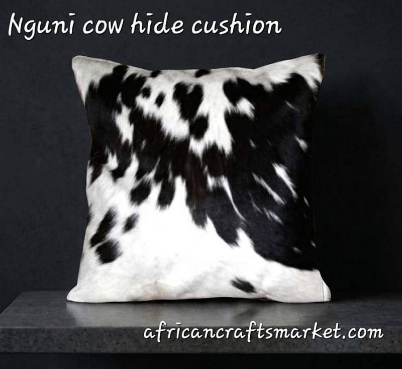 Black and white Nguni cow hide cushion African Nguni cow hide cushion - black and white