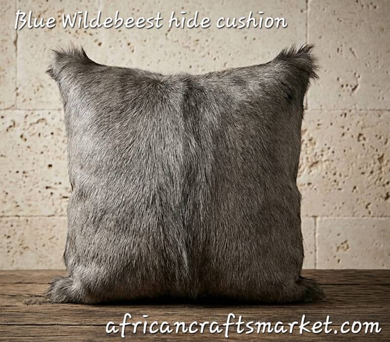 African blue Wildebeest hide cushion