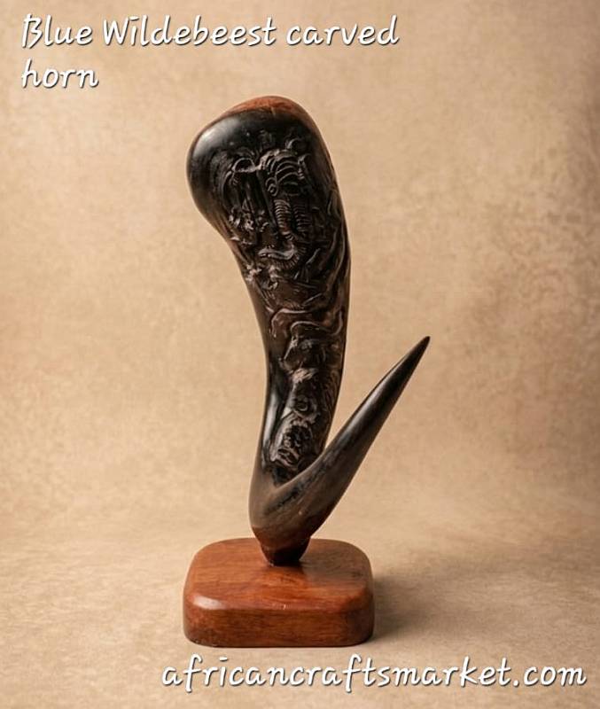 Authentic carved Blue Wildebeest horn handcrafted by African artisans