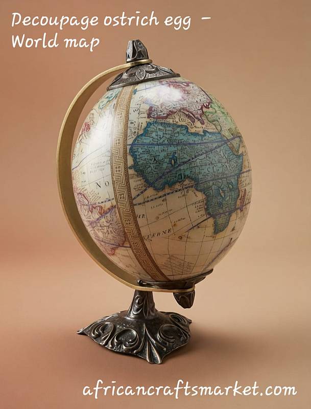 African decoupage ostrich egg of world map