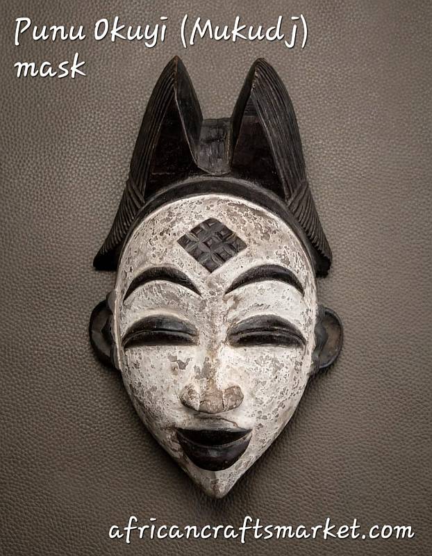 Gabon White Punu Okuyi Mask – African Tribal Art Traditional Gabonese Punu Okuyi white painted wooden ceremonial mask