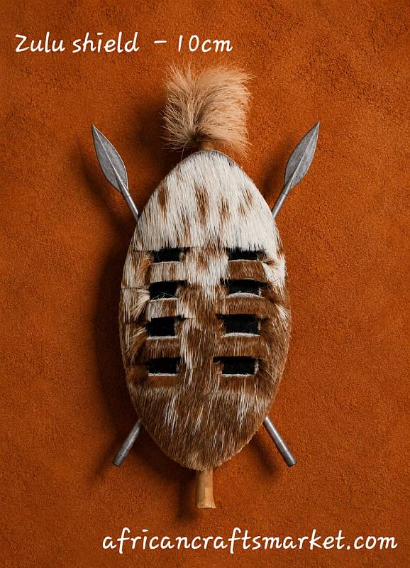 Authentic 10 cm miniature Zulu cowhide shield, handcrafted with traditional  various colors Nguni cattle hide markings