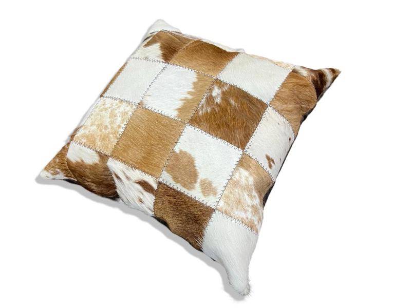 Brown and white Nguni cow hide 10cm patch cushion Nguni hide cushion-brown