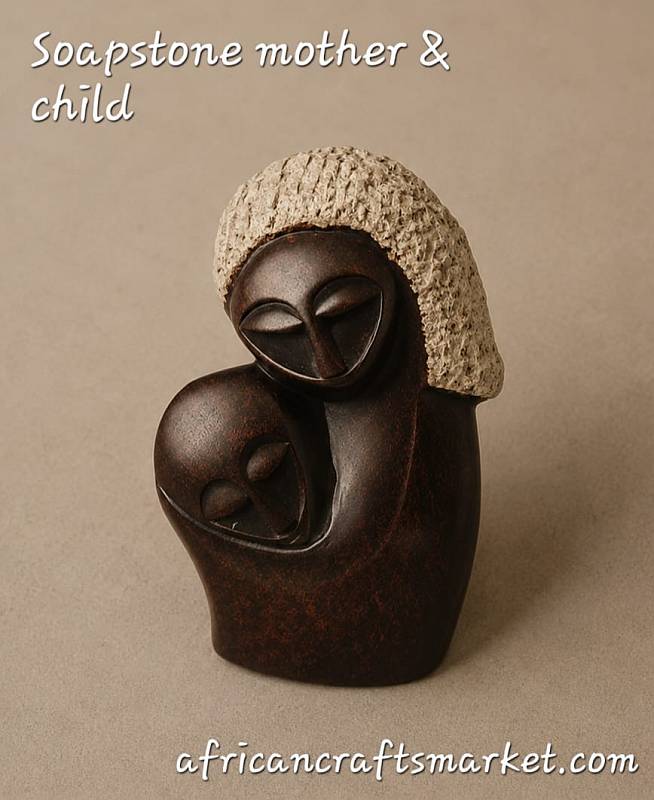 Hand-carved Shona stone sculpture of an African mother embracing her child, featuring polished dark brown serpentine stone and raw textured detailing.