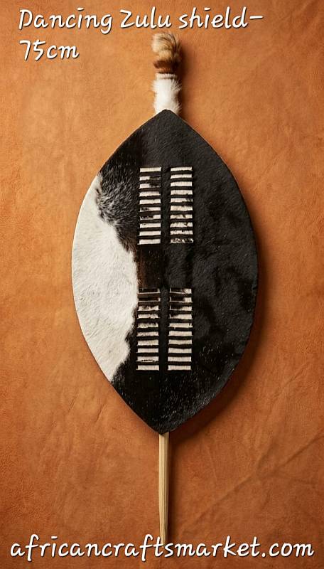 Authentic 75cm Zulu dancing shield crafted from genuine hair-on Nguni cowhide with traditional central wood staff