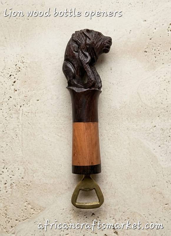 Leopard wood bottle opener A handcrafted African lionwooden bottle opener expertly carved into the shape of a lion, featuring detailed hand-painted spots and a durable metal opener base